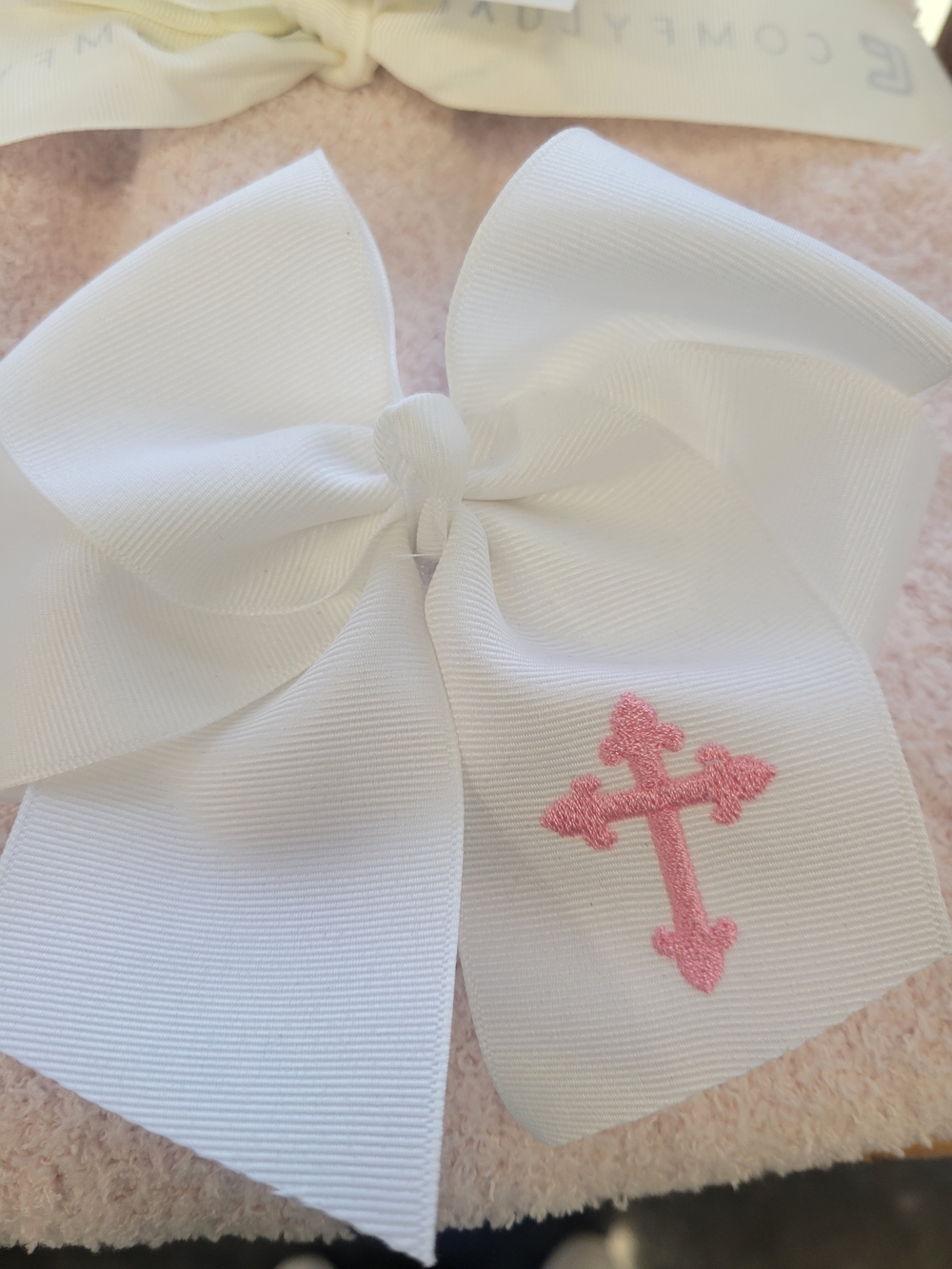 White Grosgrain Hair Bow with Pink Cross Accent - Kids Accessories